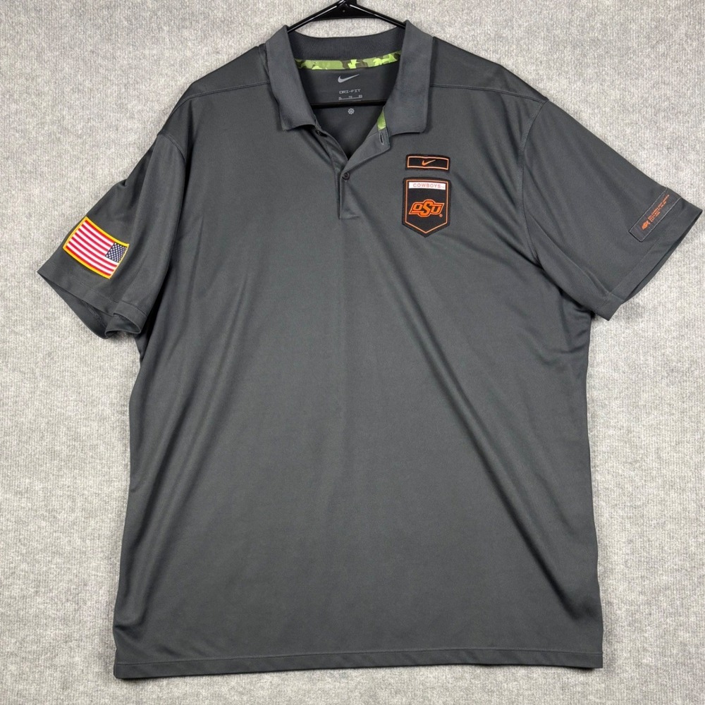 Nike Oklahoma State Cowboys Dri-FIT Polo Shirt Mens XL Gray US Flag Patch